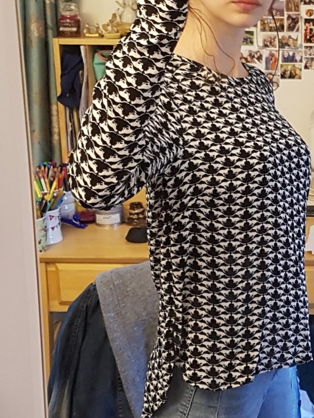 H&M Wild Cats Button Back Black and White Top